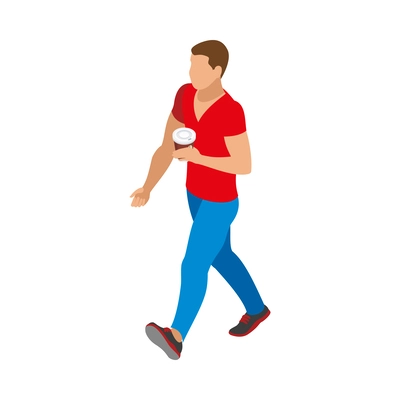 Street food isometric icon with man walking with plastic cup of coffee 3d vector illustration