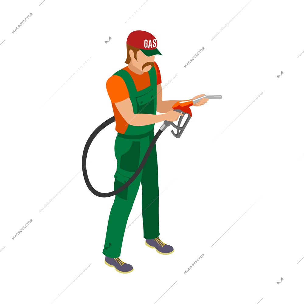 Isometric male gas station worker with refueling petrol gun 3d vector illustration