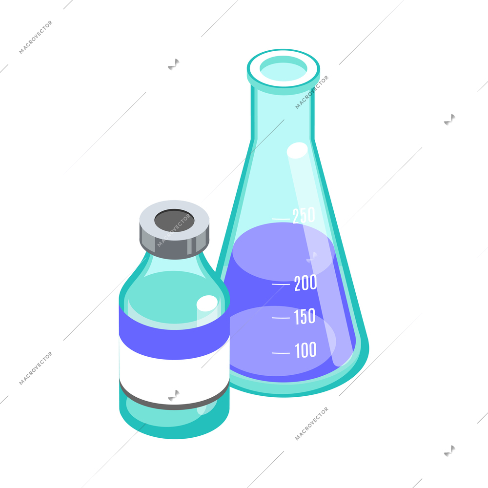 Isometric glass medical flask with liquid and bottle 3d vector illustration