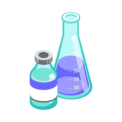 Isometric glass medical flask with liquid and bottle 3d vector illustration