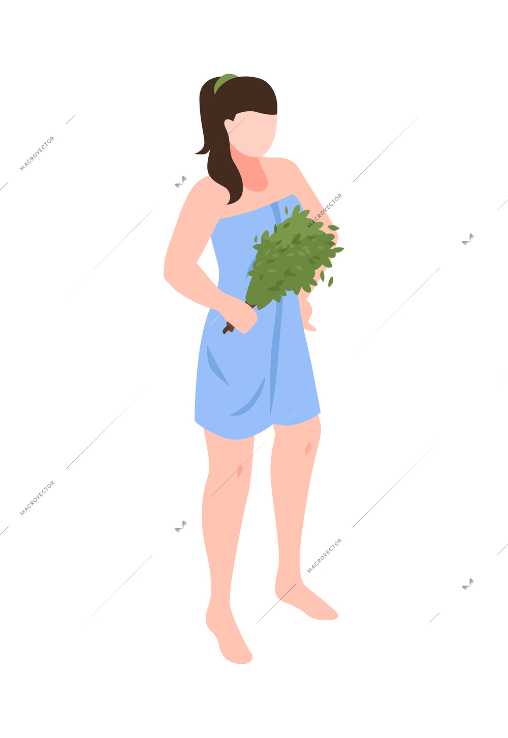 Isometric woman in bathhouse holding broom 3d vector illustration