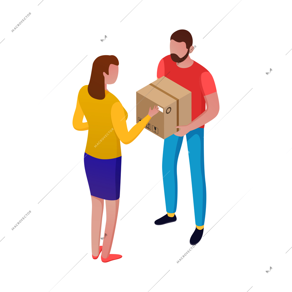 Isometric male courier giving parcel in cardboard box to female client 3d vector illustration