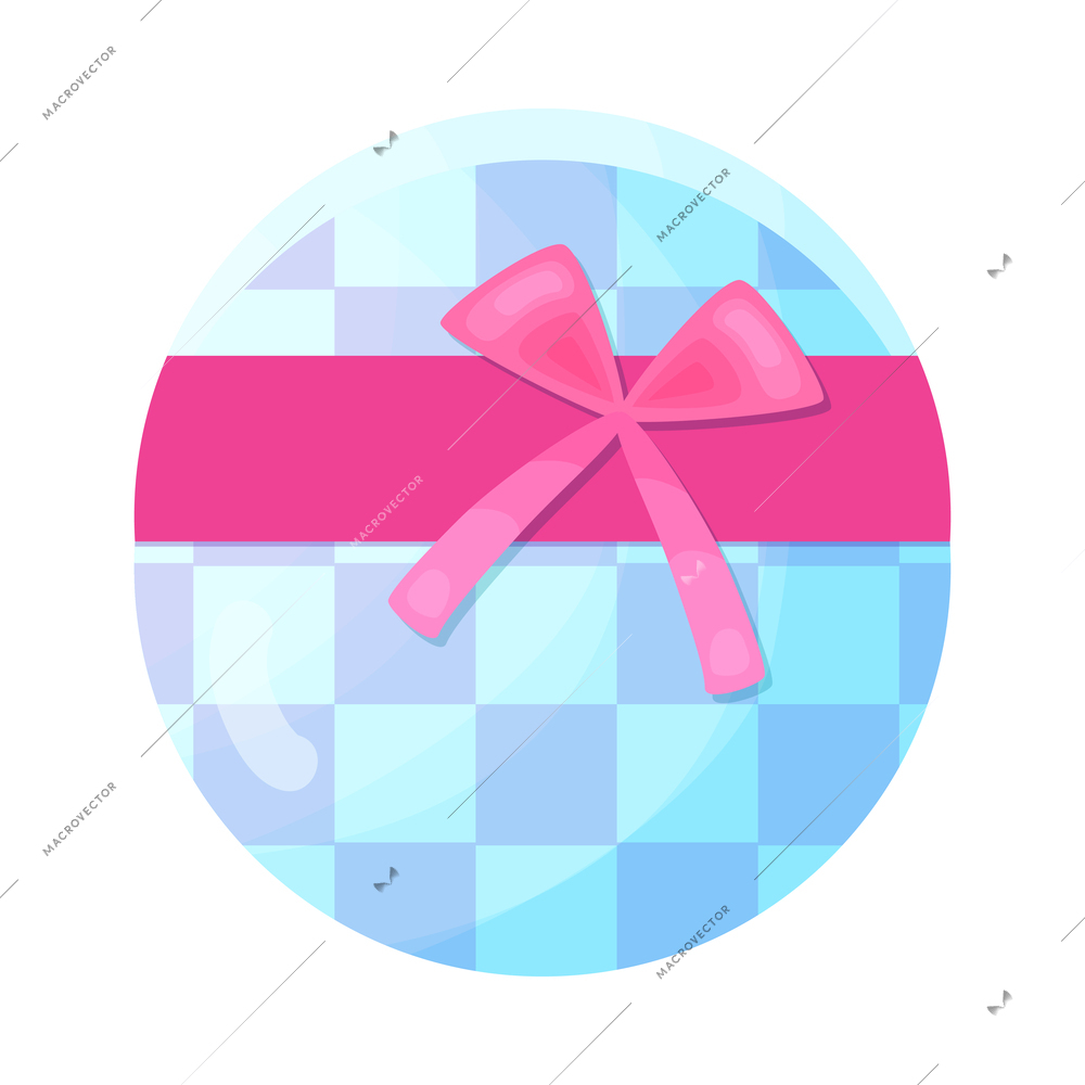 Round gift box with pink ribbon in flat style vector illustration