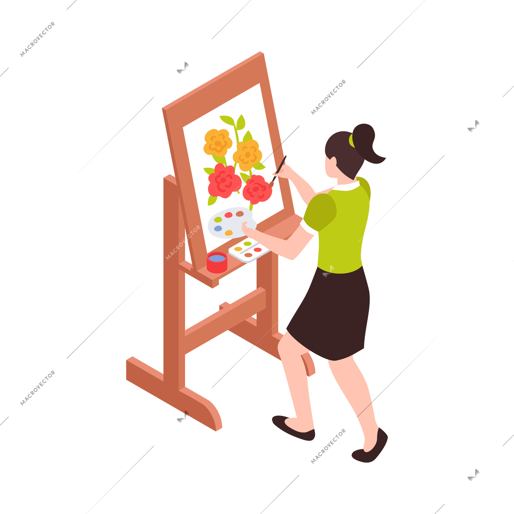 Isometric female artist painting on canvas 3d vector illustration
