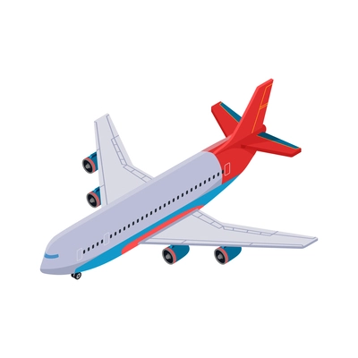 Isometric white blue and red aiplane icon against blank background 3d vector illustration