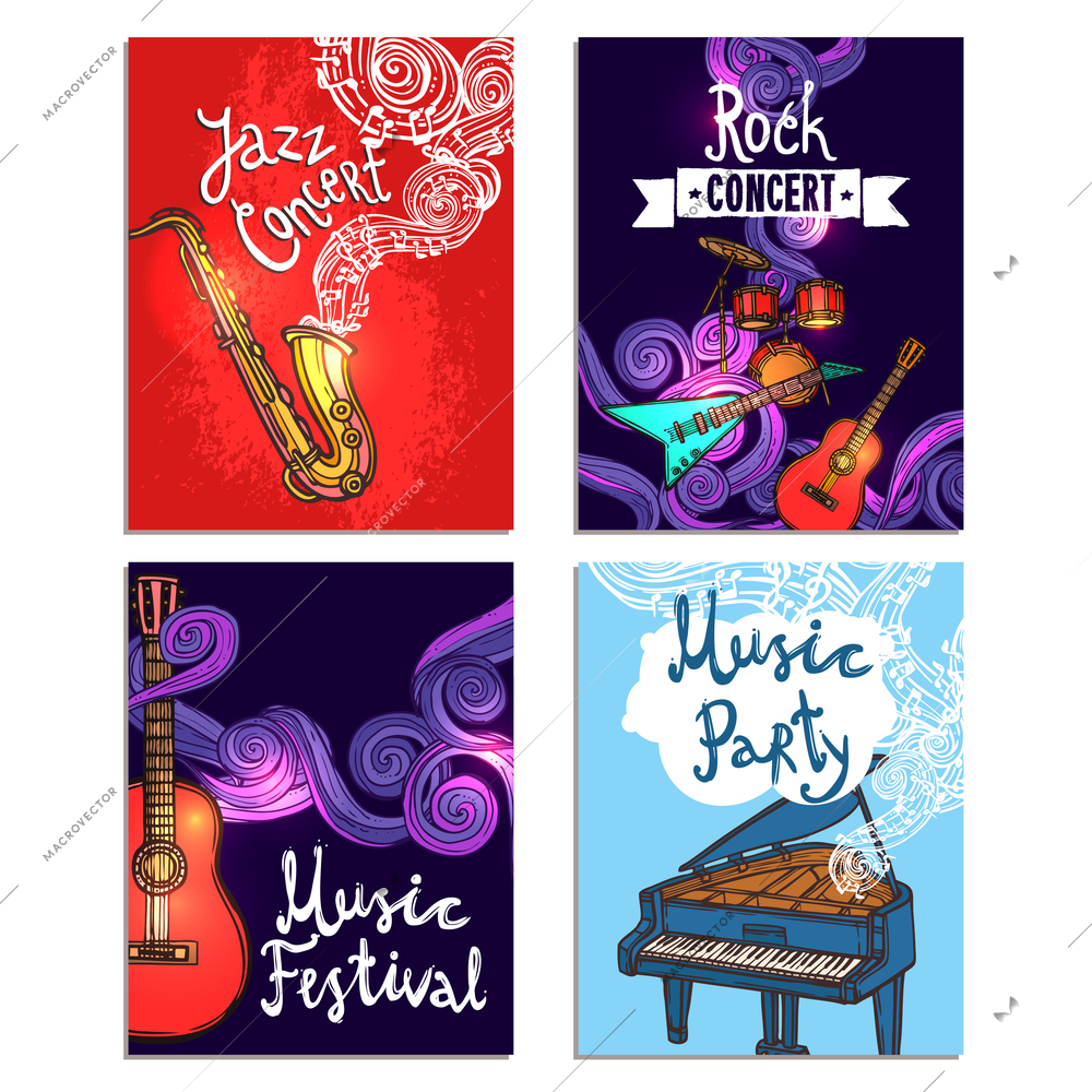 Jazz rock classic concert mini poster sketch set with music instruments isolated vector illustration