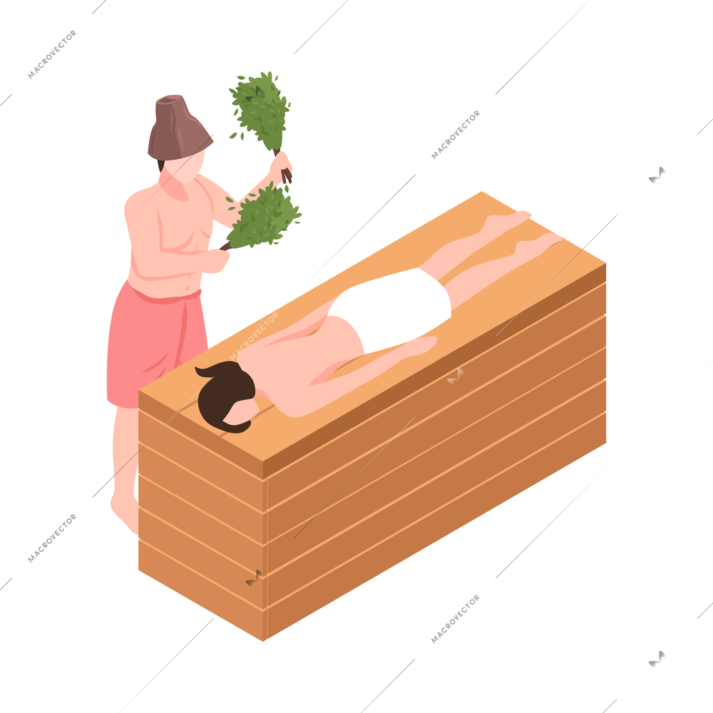 People taking steam bath with broom isometric icon 3d vector illustration