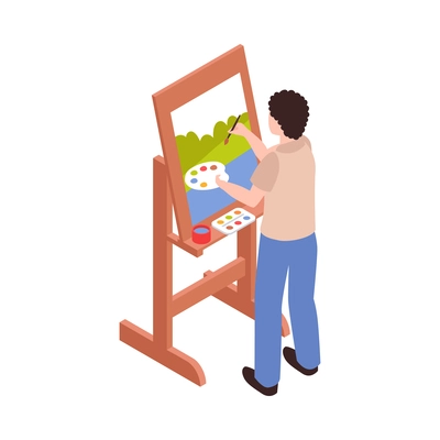 Isometric male artist painting in watercolor 3d vector illustration
