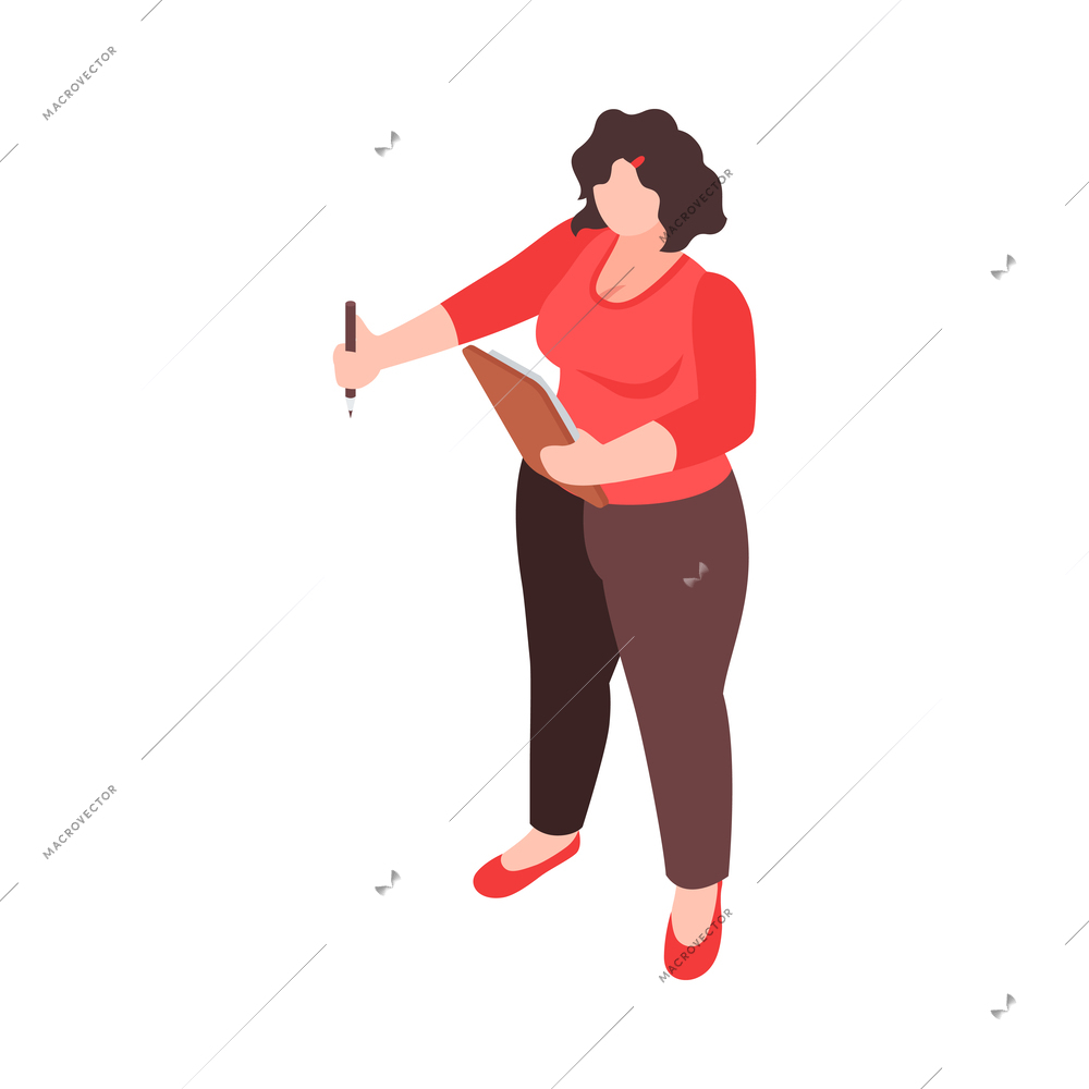 Isometric faceless female human character of teacher with pencil and papers vector illustration