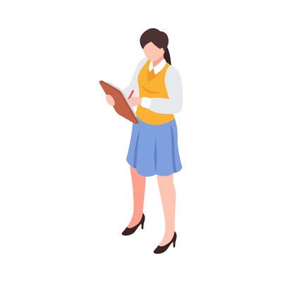 Isometric female teacher character writing with pen 3d vector illustration