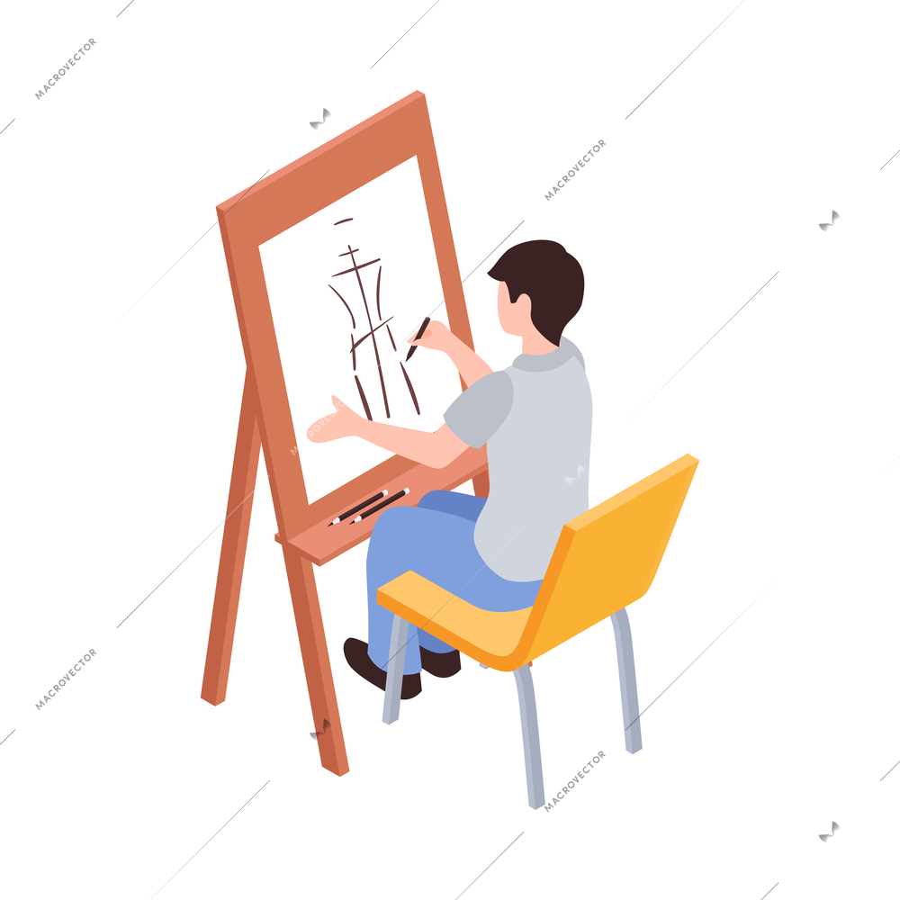 Creative profession isometric icon with male artist drawing with pencil 3d vector illustration