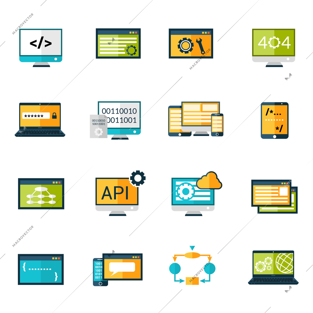 Programming database development digital storage protection icons set isolated vector illustration