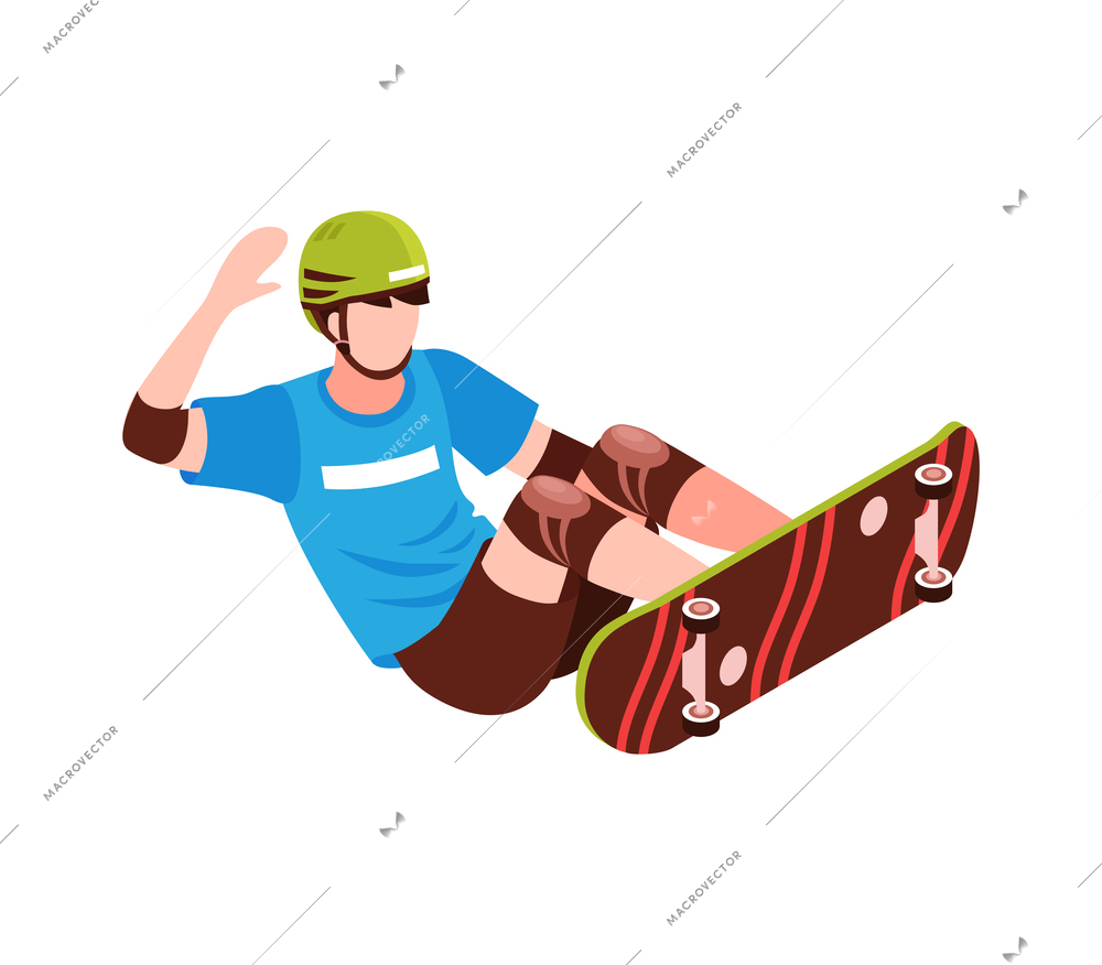 Isometric male skateboarder wearing helmet performing tricks vector illustration