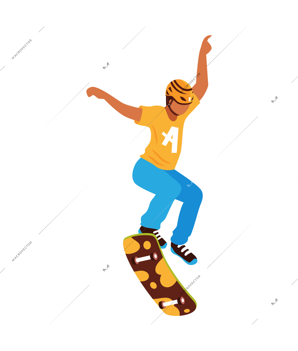 Isometric skateboarder wearing helmet performing tricks on skateboard vector illustration