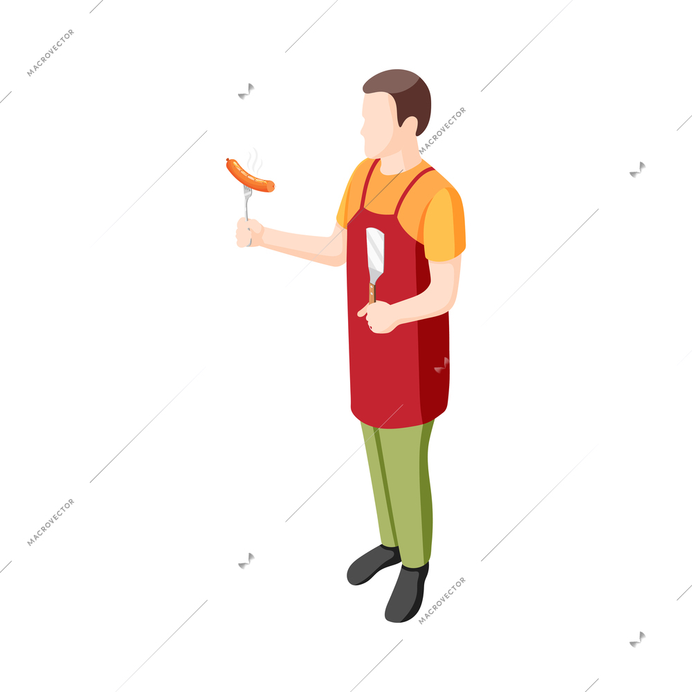 Bbq party isometric icon with man holding grilled sausage on fork 3d vector illustration