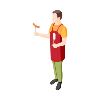 Bbq party isometric icon with man holding grilled sausage on fork 3d vector illustration