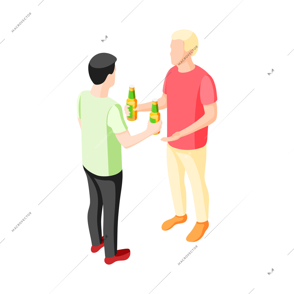 Two men drinking beer from bottles at party isometric icon vector illustration