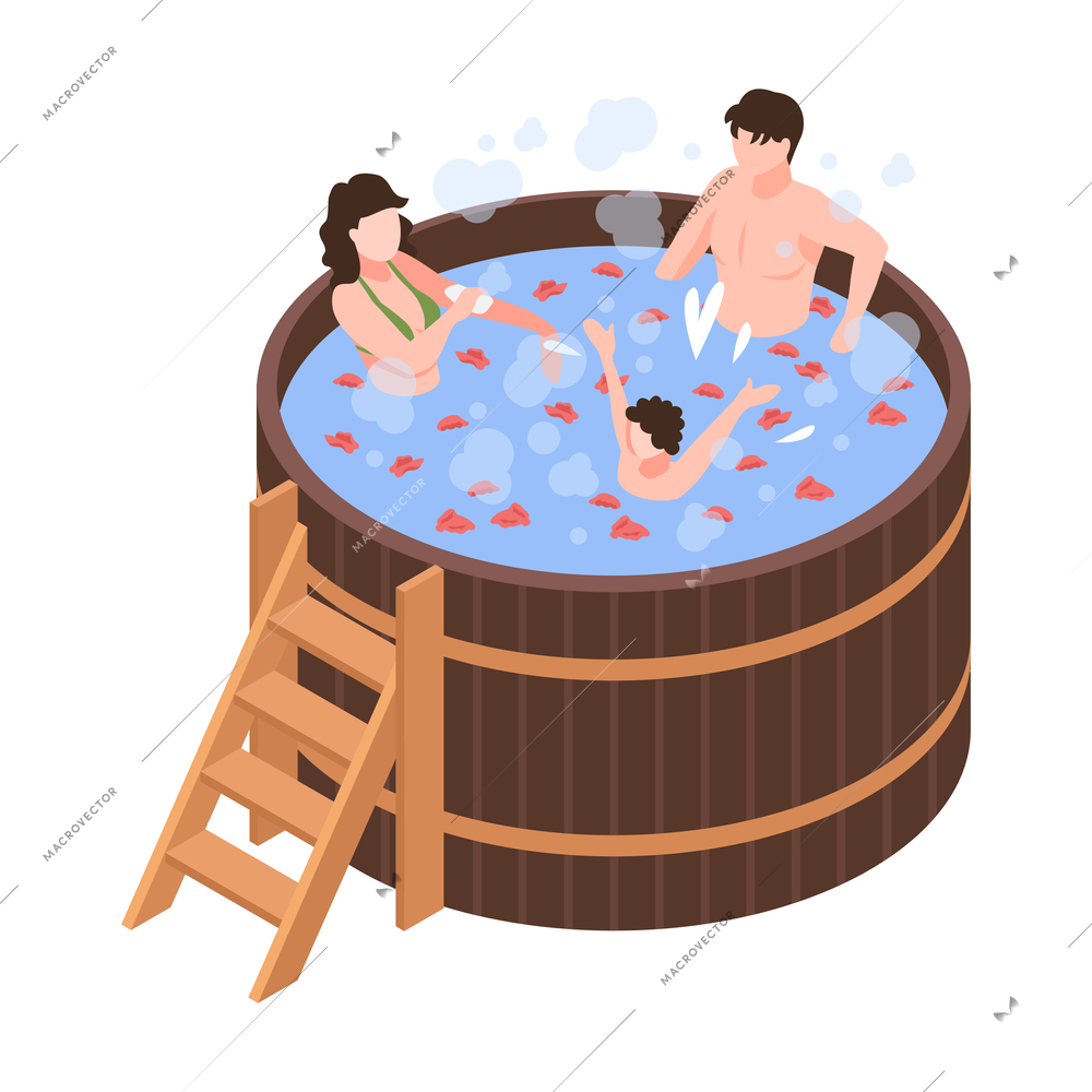 Family relaxing in japanese bath isometric icon 3d vector illustration