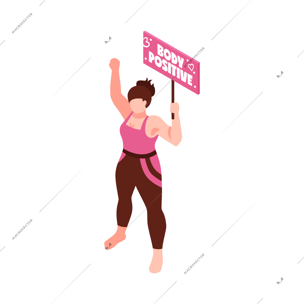 Isometric feminism icon with plus size body positive female protester with placard vector illustration