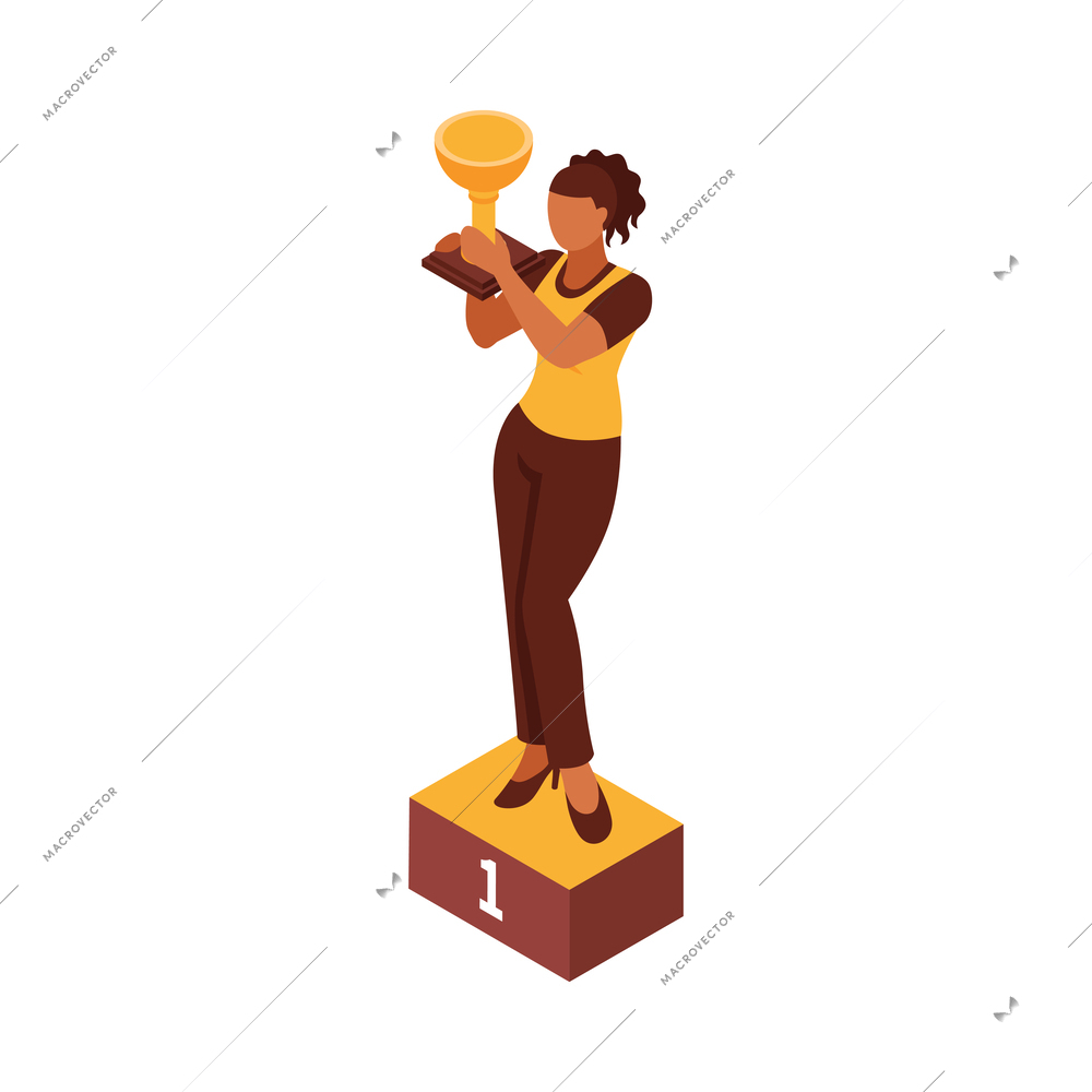 Isometric feminism icon with woman winner holding golden cup 3d vector illustration