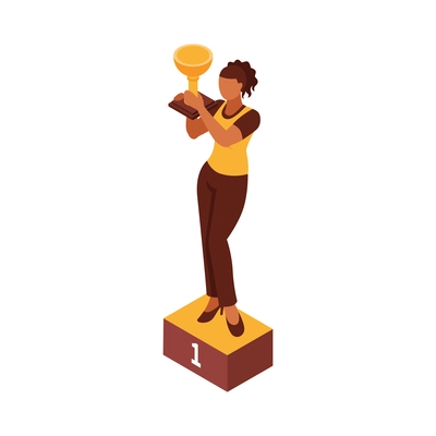 Isometric feminism icon with woman winner holding golden cup 3d vector illustration