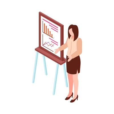 Isometric faceless businesswoman character giving report showing diagrams 3d vector illustration