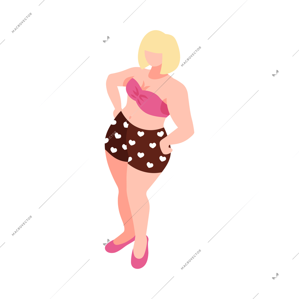 Isometric feminism icon with confident plus size woman 3d vector illustration