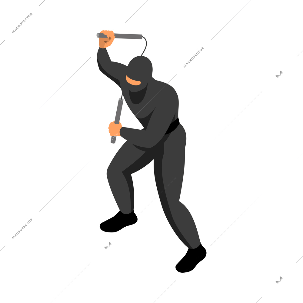 Isometric ninja using nunchaku on white background 3d vector illustration