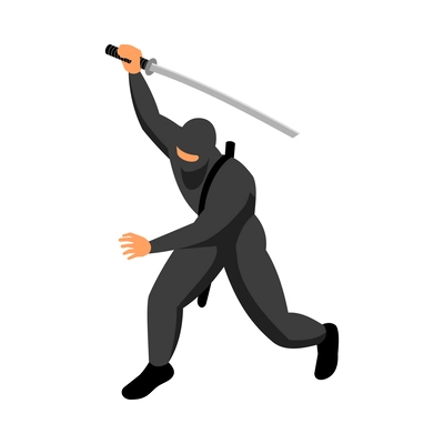 Ninja character wearing black costume fighting with katana 3d isometric vector illustration