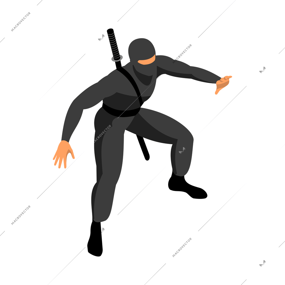 Isometric ninja wearing black costume with katana behind his back 3d vector illustration