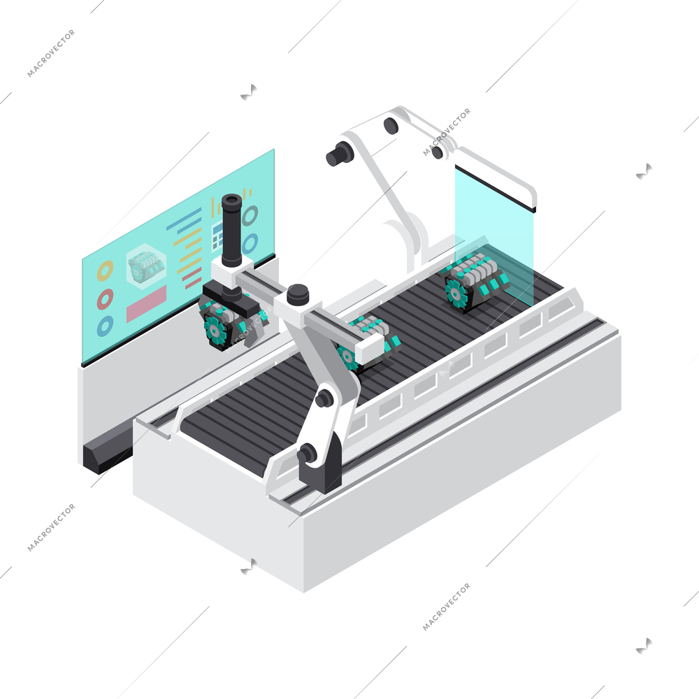 Smart industrial robots controlling product on assembly line 3d isometric vector illustration