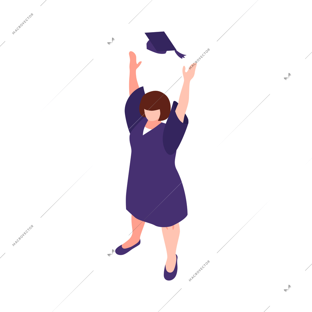 Isometric happy female university graduate student throwing her cap up vector illustration