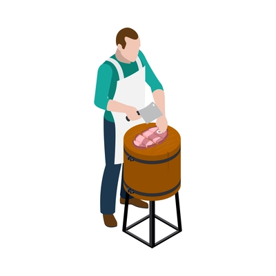 Isometric butcher chopping meat with cleaver 3d vector illustration