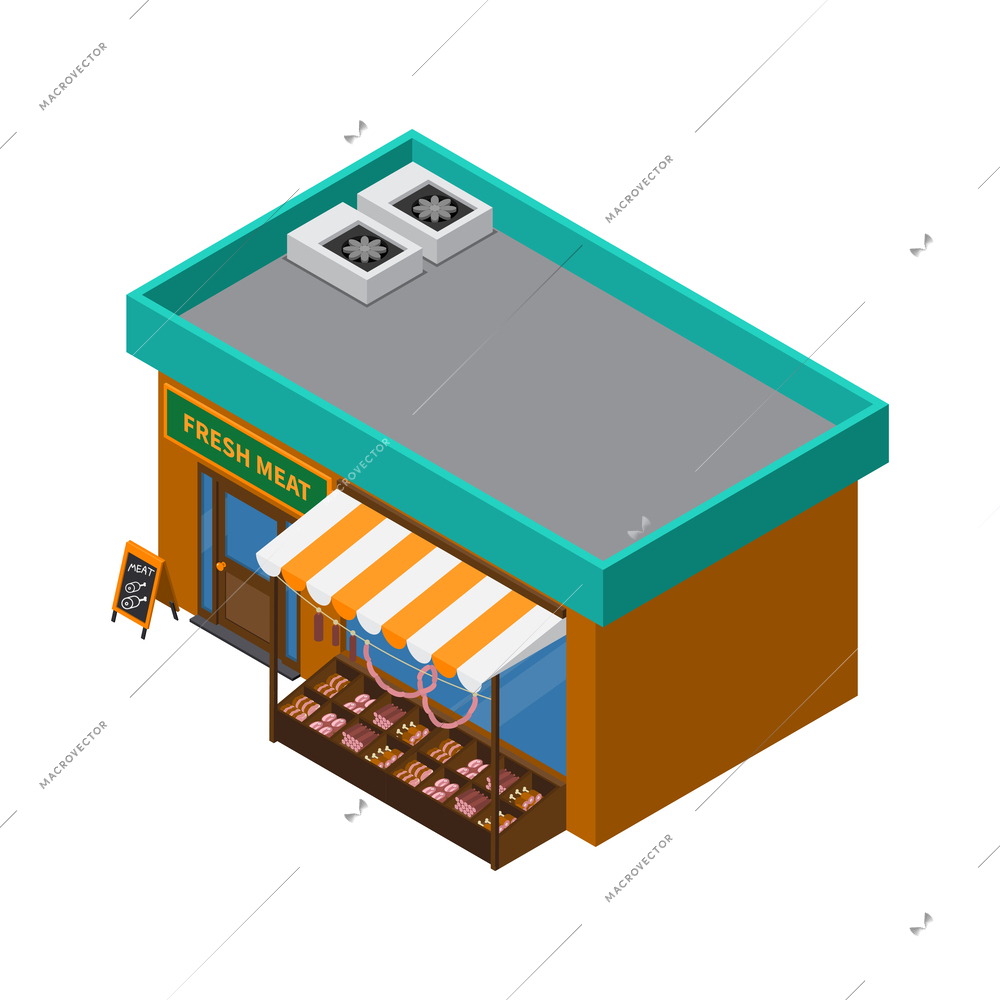 Butchery shop isometric building exterior entrance 3d vector illustration