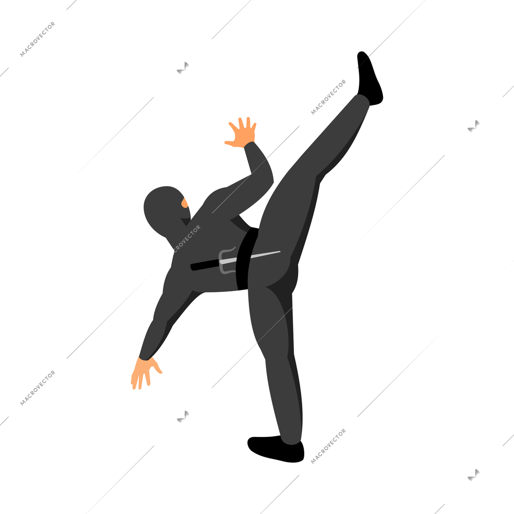 Isometric ninja fighting with sai behind his back 3d vector illustration