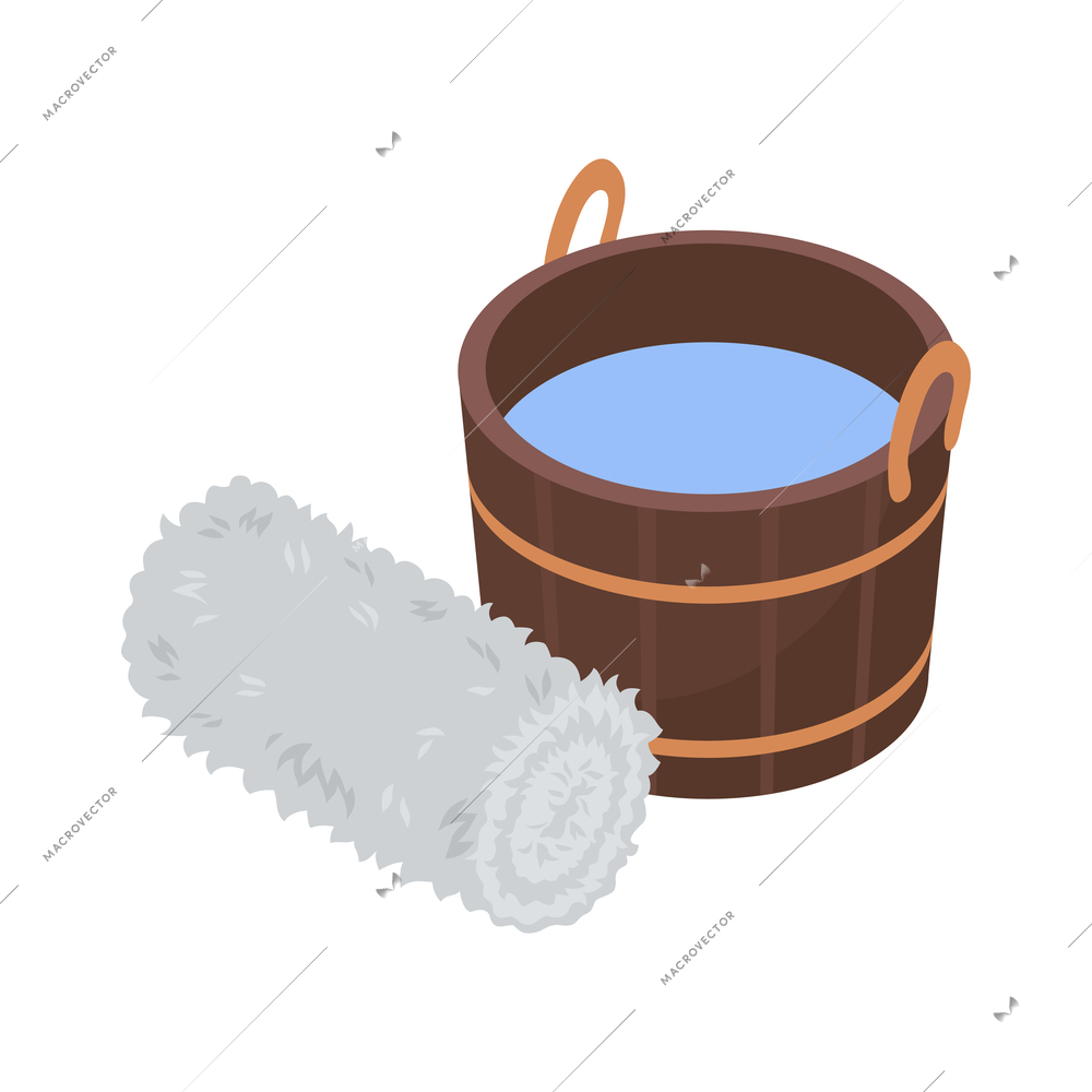 Bathhouse tools isometric icon with bucket of water and towel 3d vector illustration