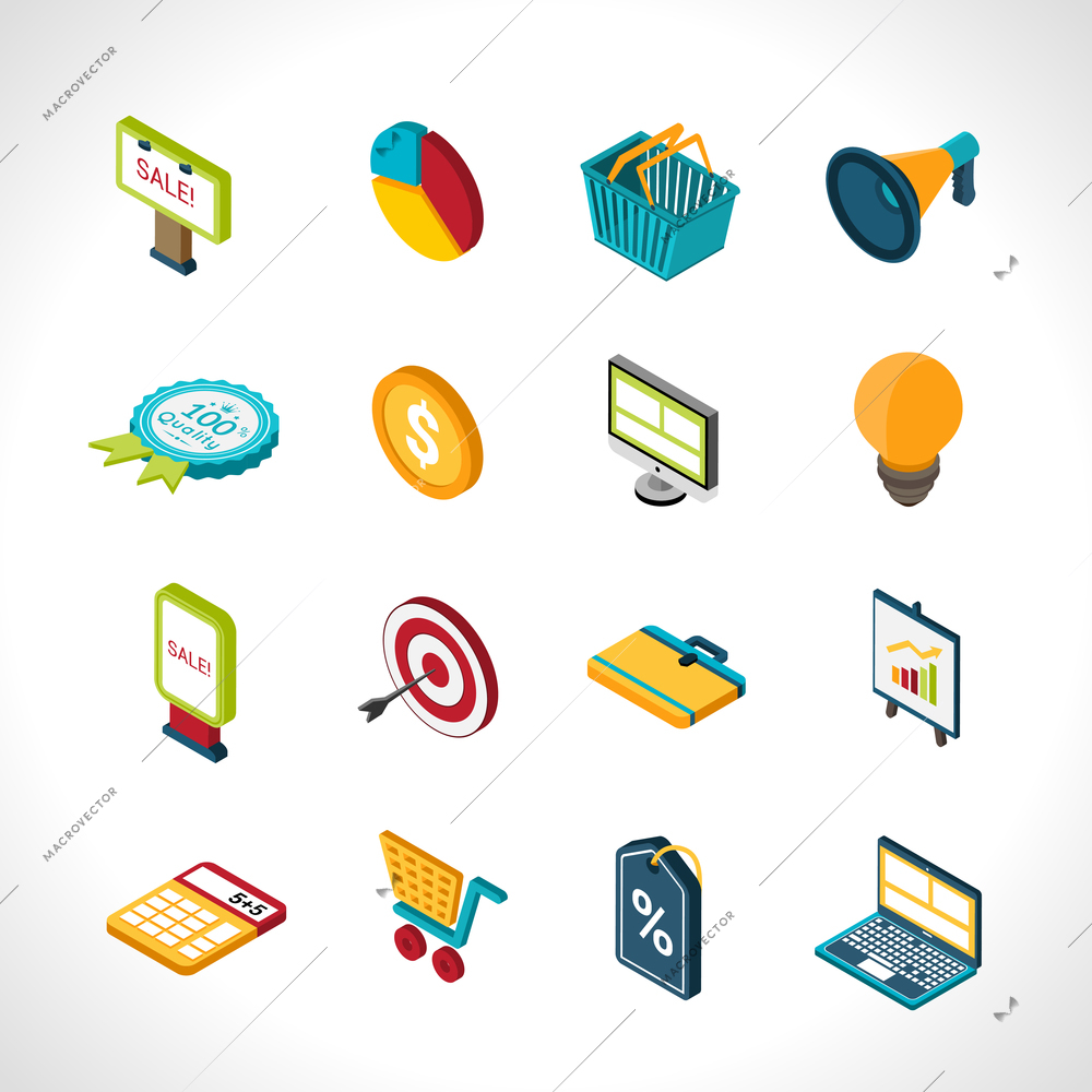 Marketing icons isometric with social communication research and advertising isolated vector illustration