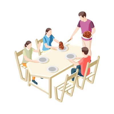 Family bbq party with dad putting grilled beef steaks on plates 3d isometric vector illustration