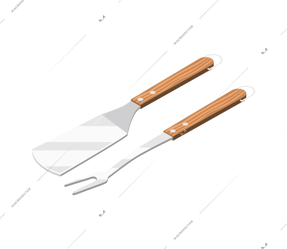 Isometric grill bbq kitchen tools with spatula and meat fork 3d vector illustration