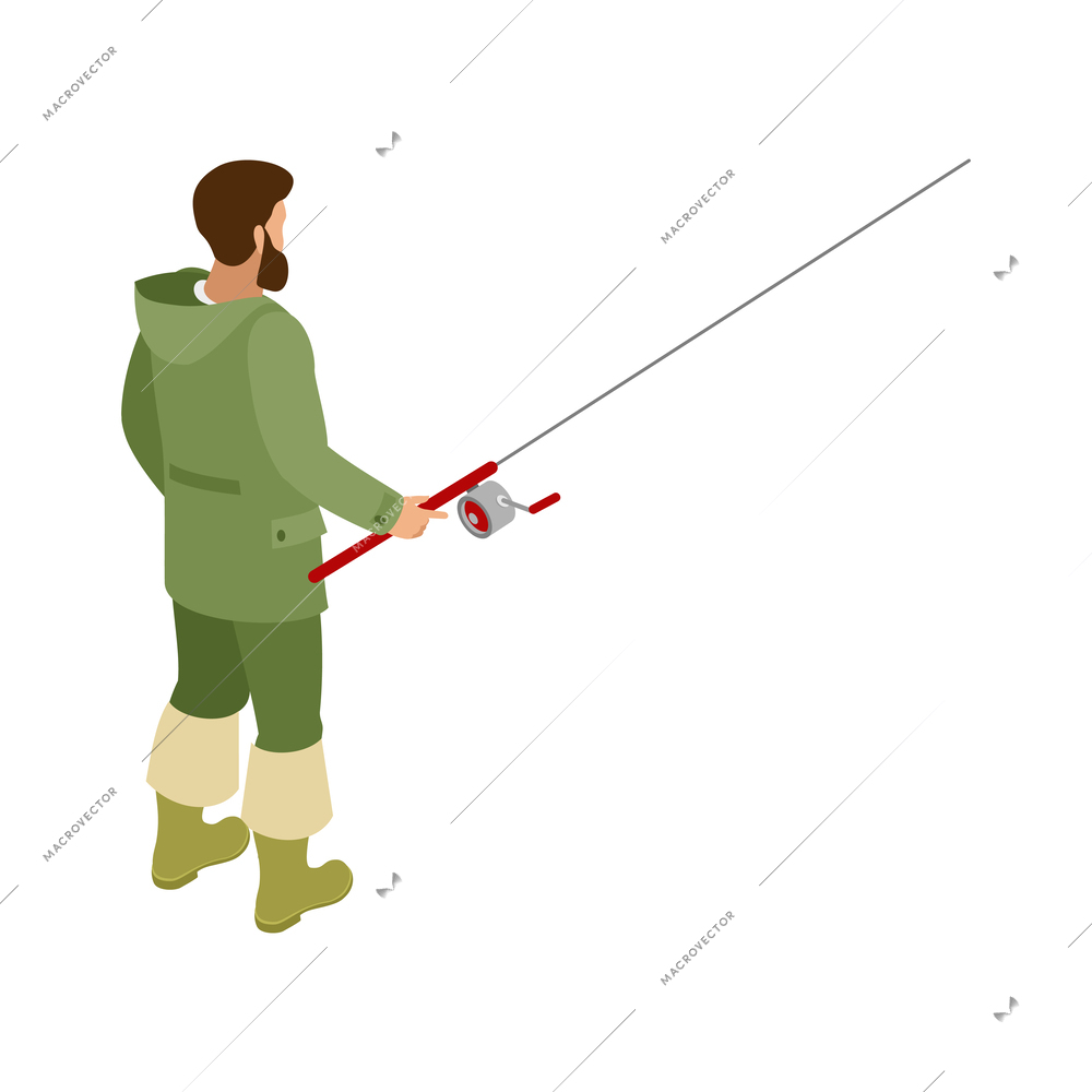 Fisherman during catching fish on spinning rod back view isometric vector illustration