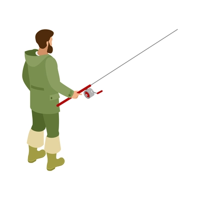 Fisherman during catching fish on spinning rod back view isometric vector illustration
