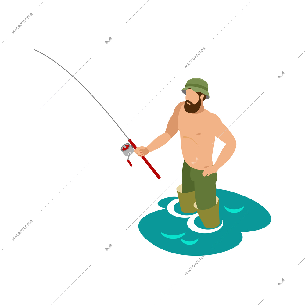 Isometric fisherman catching fish on spinning isometric vector illustration