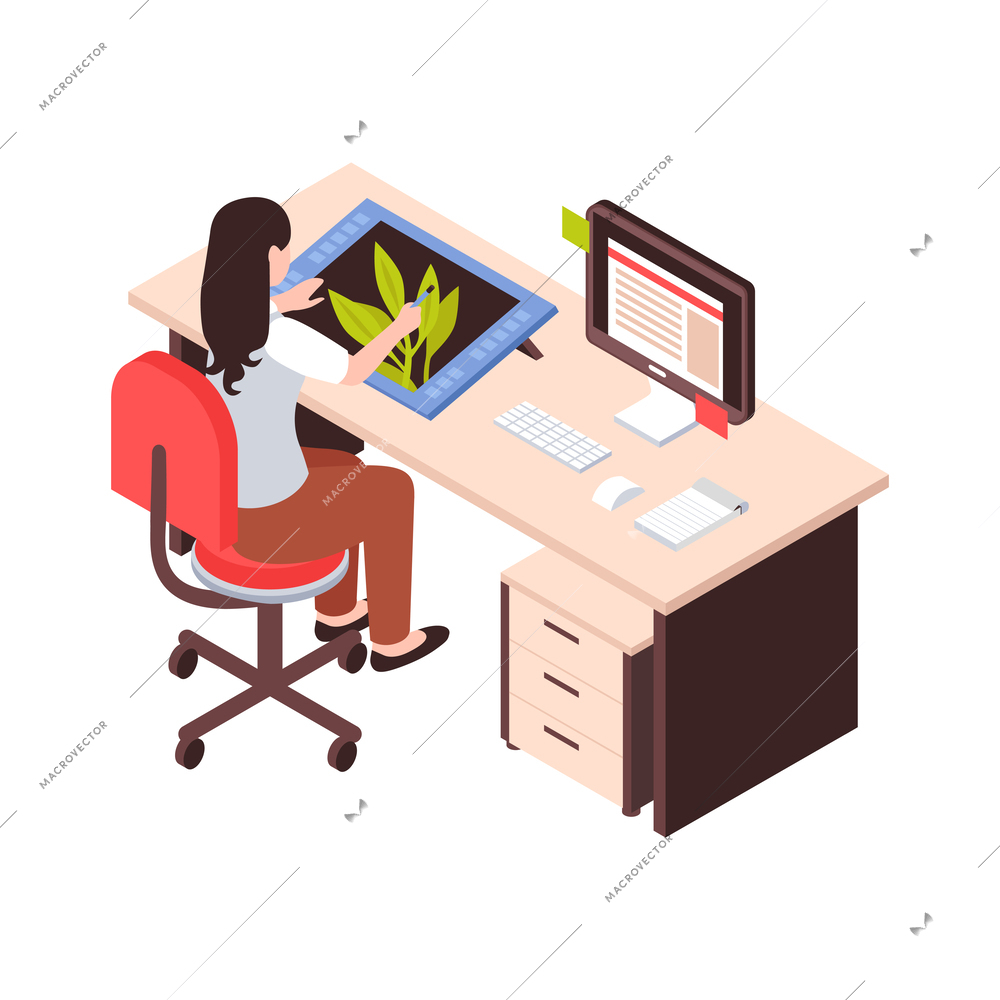 Creative profession isometric icon with female graphic designer at work 3d vector illustration