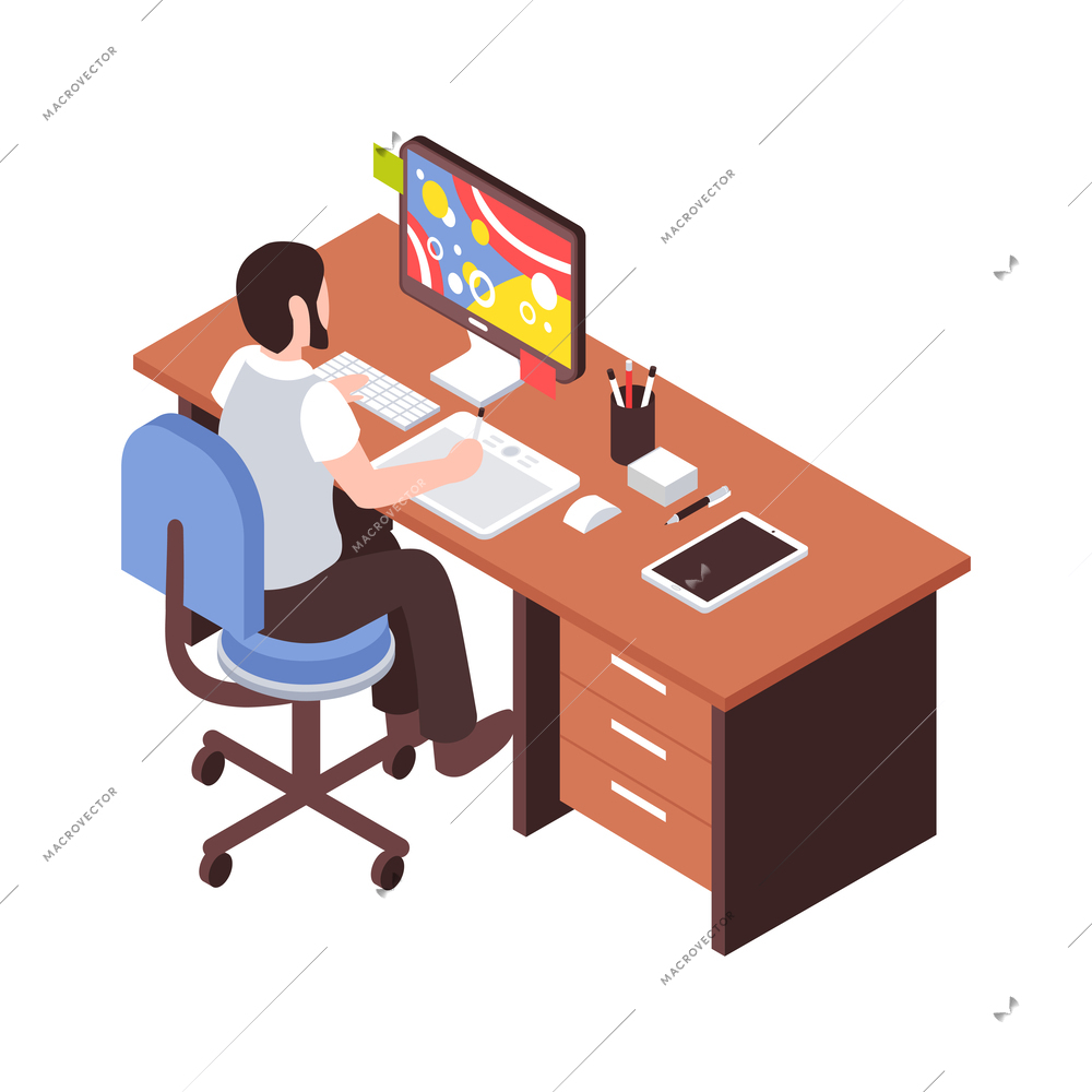 Creative profession isometric icon with male graphic designer working on computer 3d vector illustration