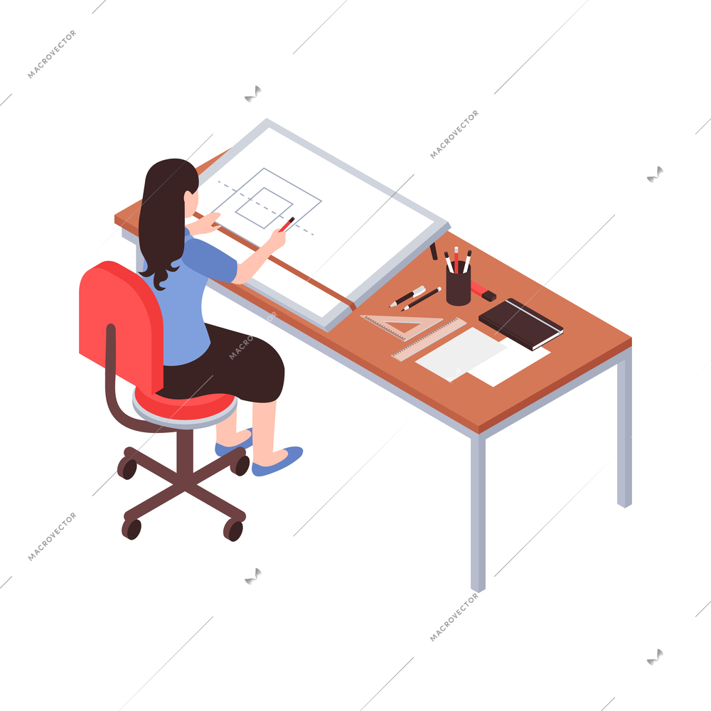 Isometric female architect at her workplace vector illustration