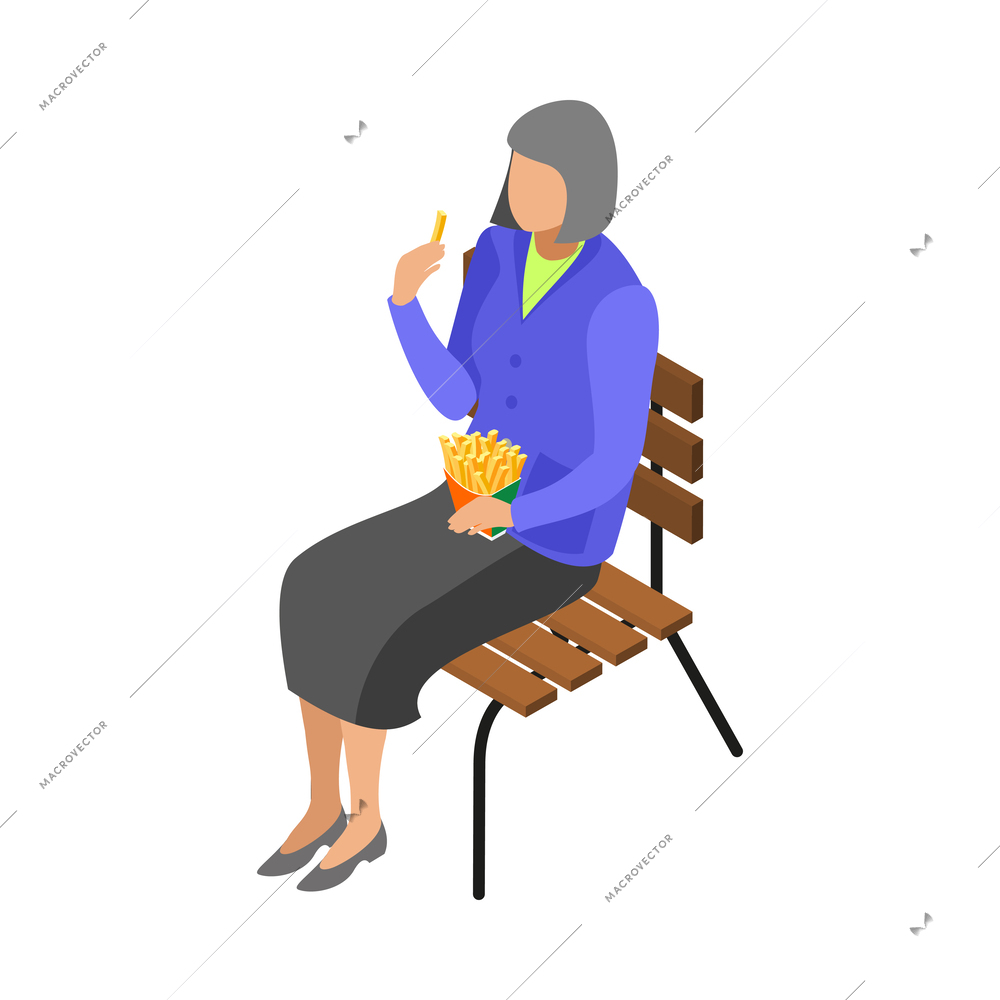 Street food isometric icon with senior woman eating french fries outdoors 3d vector illustration