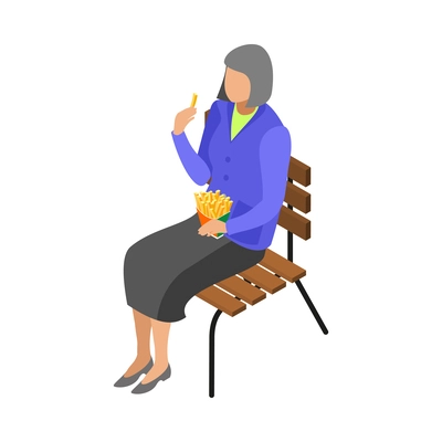 Street food isometric icon with senior woman eating french fries outdoors 3d vector illustration