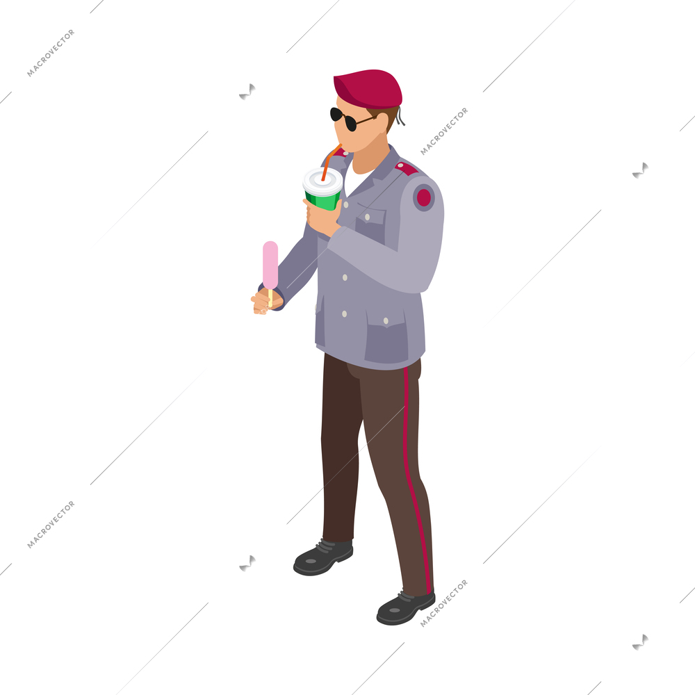 Street food isometric icon with man eating ice cream and drinking juice 3d vector illustration