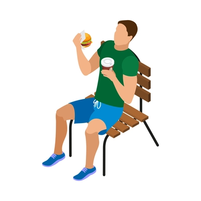 Street food isometric icon with man having snack outdoors eating burger and drinking coffee 3d vector illustration