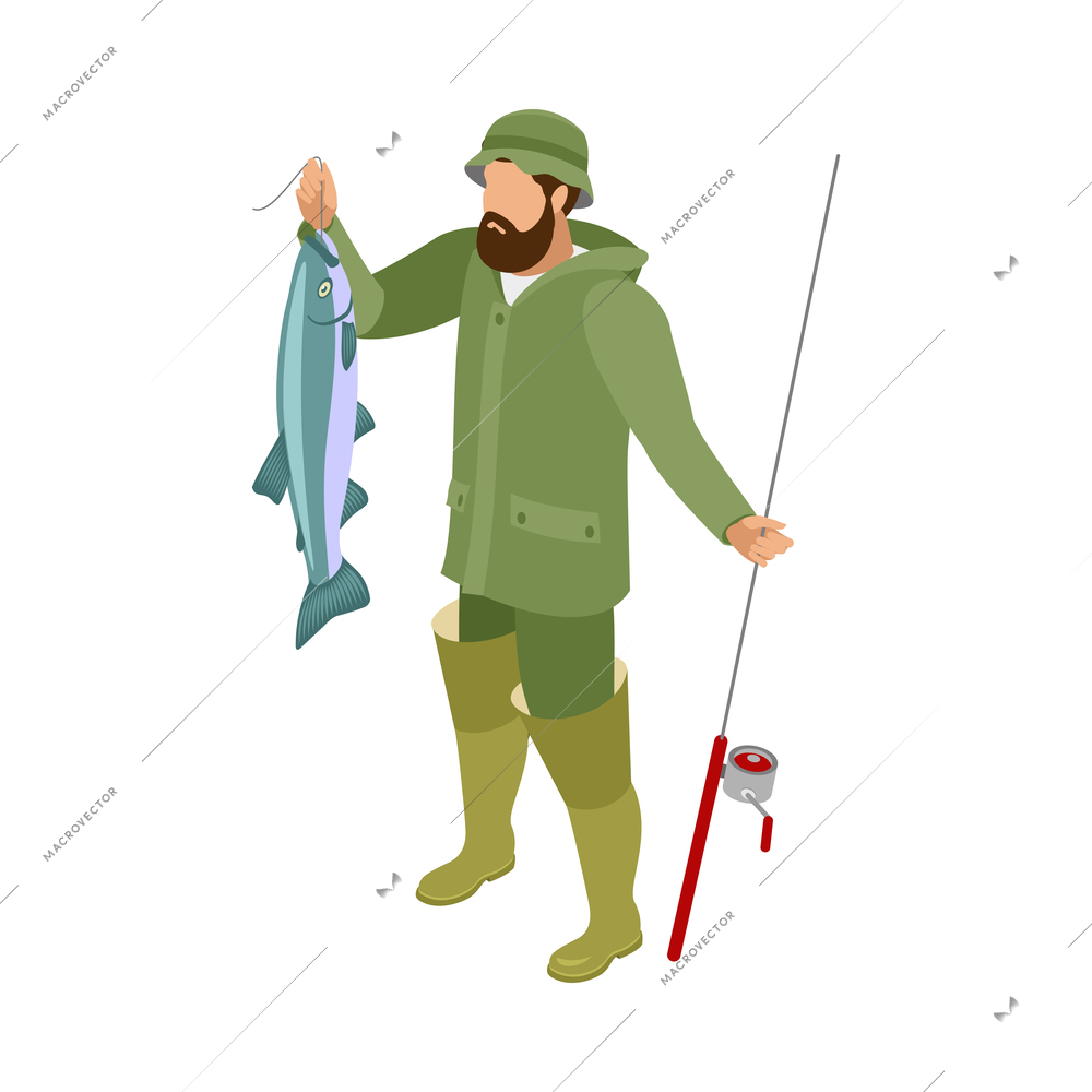 Isometric bearded fisherman character with big fish and spinning 3d vector illustration